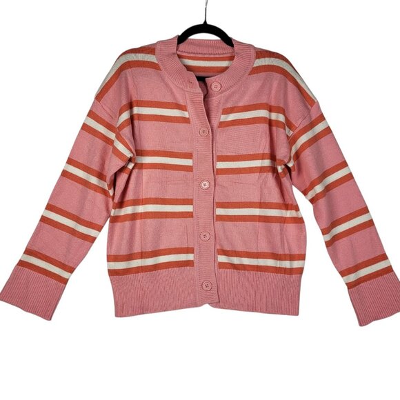 Pink Striped Cardigan Sweater Women's Medium Button Up Soft Career Colorful New - Picture 1 of 8